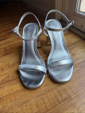 bp Metallic Silver Slingback Block Heel Sandals